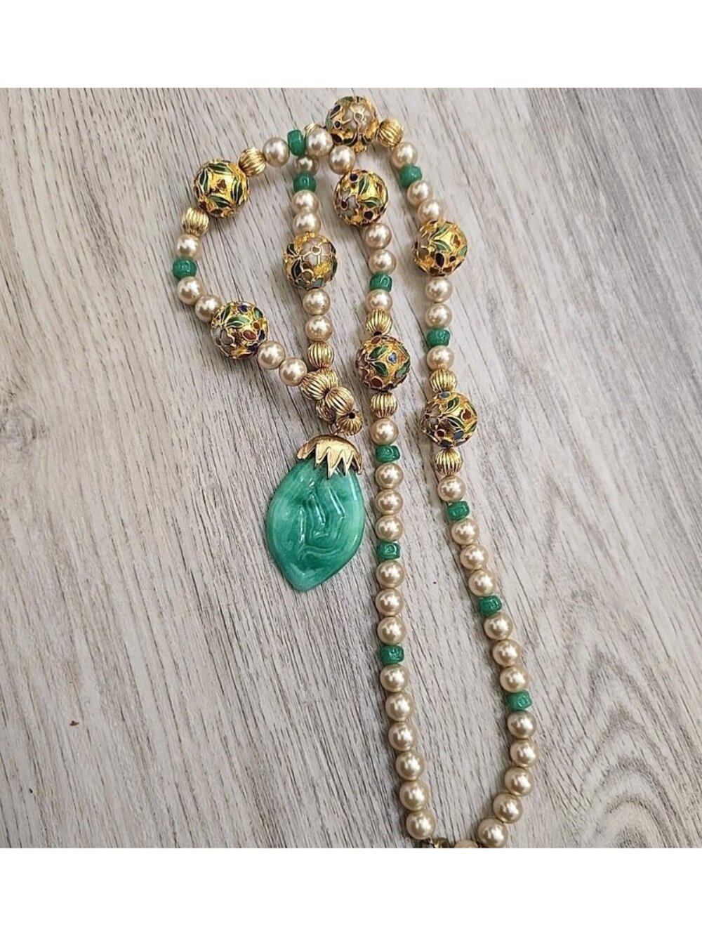 Vintage Cloisonne Necklace Gold Tone Glass Pearl Beads Traditional Indian 15"